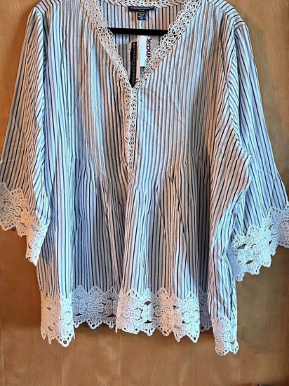 Chelsea & Theodore Blue and White Striped Lace Trim Boho Blouse 3X